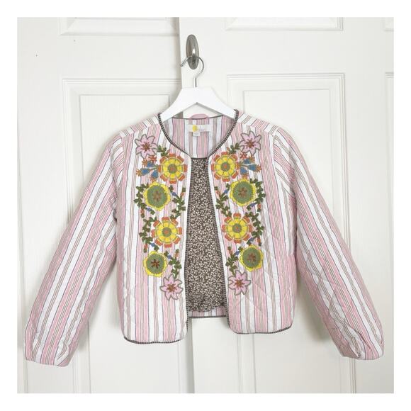 Boden Embroidered Striped Quilted Jacket Crop Length Beaded Pink White Sz XS - Picture 3 of 13